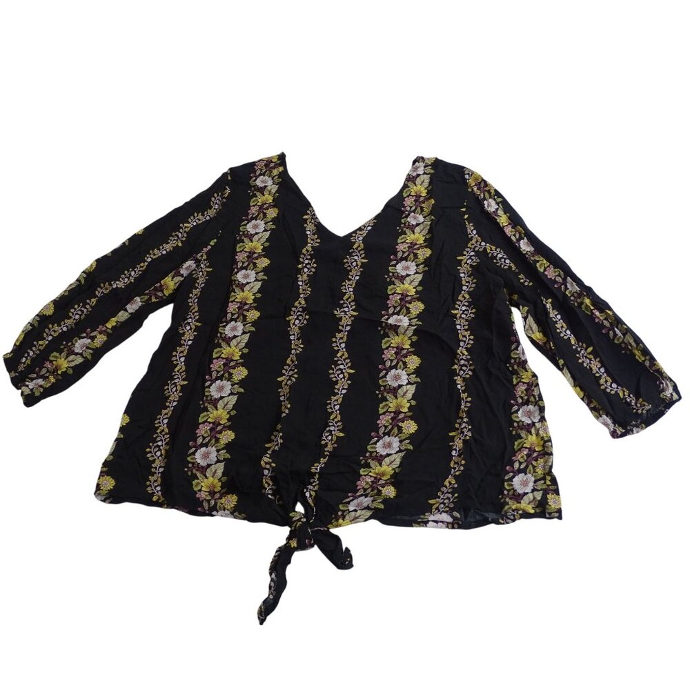 Cato Black Floral Tie Front Blouse Women Size XL Long Sleeve Casual Work